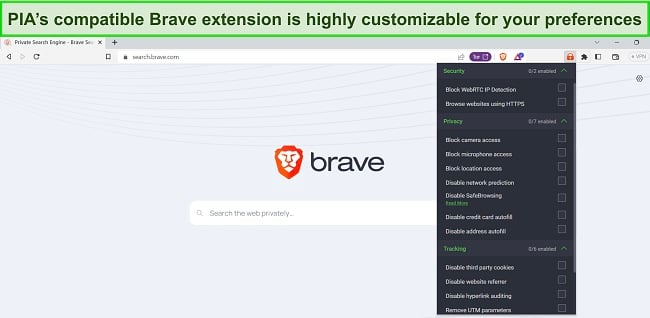 Image of Brave browser with PIA's browser extension open, showing the many security, privacy, and tracking options available for customization.