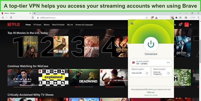 Image of Brave browser showing the UK Netflix content choices, with ExpressVPN's browser extension connected to a UK server.