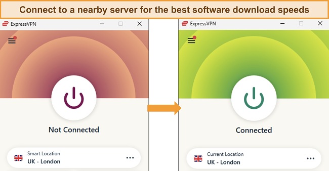 Images of ExpressVPN's Windows app both disconnected and connected to a UK - London server.