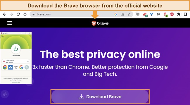 Screenshot of Brave browser webpage highlighting the download button, with ExpressVPN connected to a UK - London server.