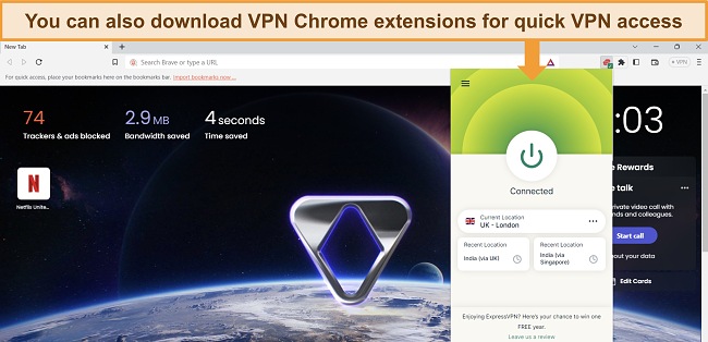 Image of Brave browser open on a new tab, with ExpressVPN's Chrome browser extension connected to a UK - London server.
