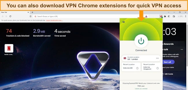 Image of Brave browser open on a new tab, with ExpressVPN's Chrome browser extension connected to a UK - London server.