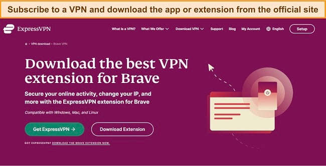 Screenshot of ExpressVPN's webpage that details its available extension and compatibility with Brave browser.
