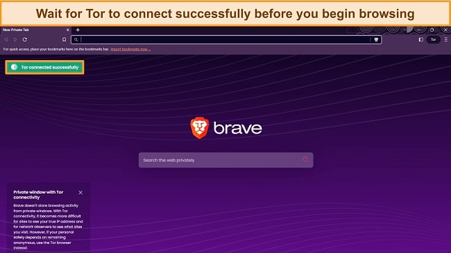 Image of Brave's Tor browser window, prompting the user to make sure Tor connects before browsing.