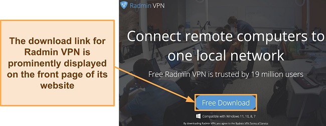 Screenshot showing the Windows application download page for Radmin VPN