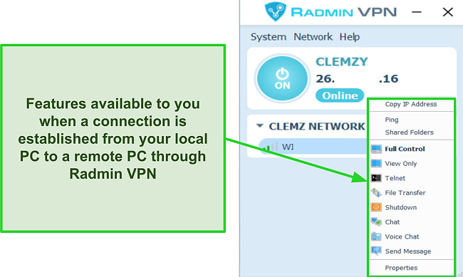 Screenshot showcasing the features available via Radmin VPN