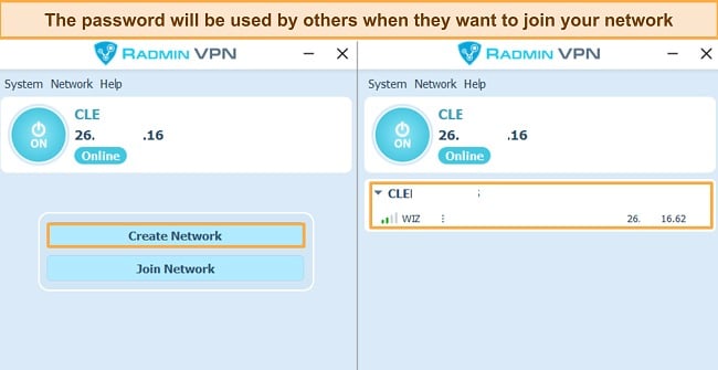 Screenshot showing the connection interface of Radmin VPN