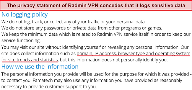Screenshot displaying a portion of the privacy statement for Radmin VPN