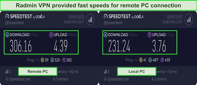 Screenshot of speed test results while using Radmin VPN