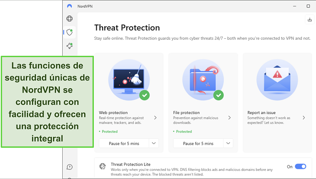 Captura de pantalla de la aplicación de Windows de NordVPN, mostrando la función de Protección Contra Amenazas activada.