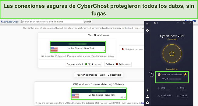 Captura de pantalla del resultado de la prueba de fugas de IP y DNS con CyberGhost conectado a un servidor de EE. UU.