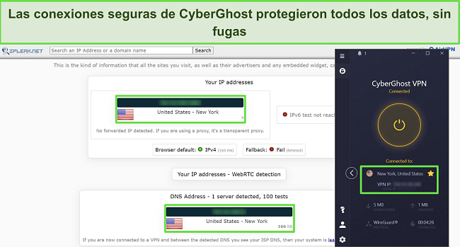 Screenshot of a CyberGhost VPN review page emphasizing a security leak test, with results showing no detected leaks.