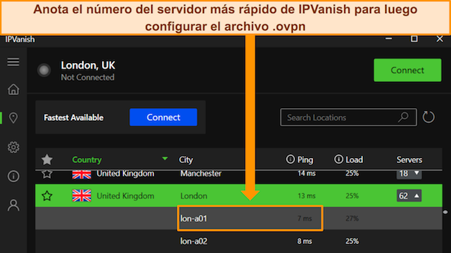 La aplicación de Windows de IPVanish que muestra el nombre del servidor y el ping en ms.
