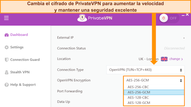 Panel de la aplicación de Windows de PrivateVPN que muestra las opciones de personalización del cifrado de OpenVPN.