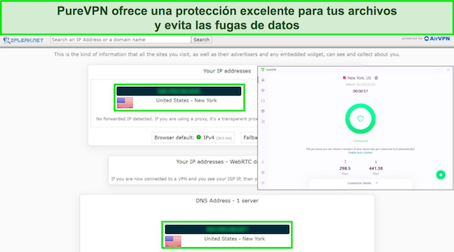 PureVPN se conectó a un servidor de EE. UU. y los resultados de una prueba de fugas mostraron cero fugas de datos.