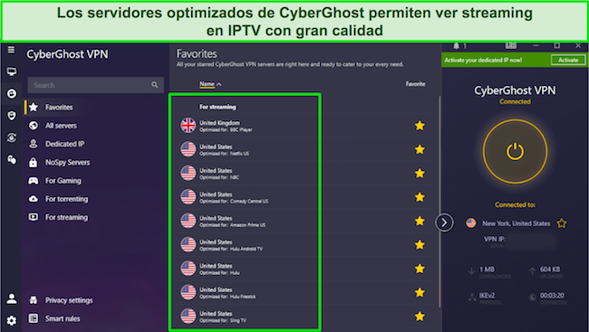 Una captura de pantalla de los servicios de transmisión optimizados de CyberGhost para los servicios de IPTV en los EE. UU. y el Reino Unido