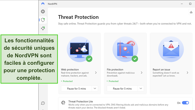 Capture d'écran de l'application Windows de NordVPN, montrant la fonction de Protection contre les Menaces activée.