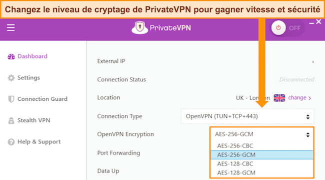 Tableau de bord de l'application Windows de PrivateVPN affichant les options de personnalisation du chiffrement OpenVPN.