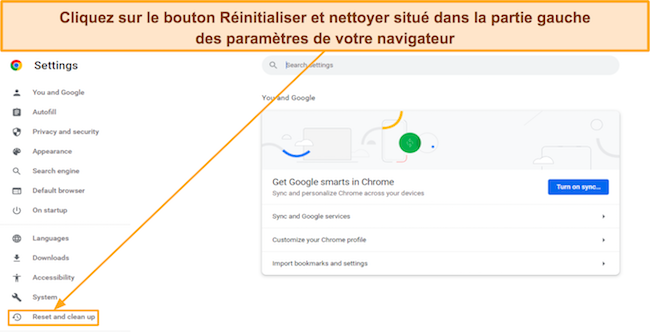 Capture d'écran montrant comment accéder au menu Réinitialiser et nettoyer sur Google Chrome