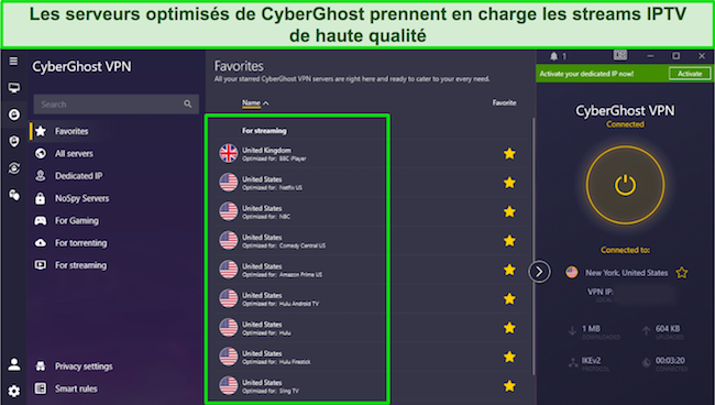 Une capture d'écran des services de streaming optimisés de CyberGhost pour les services IPTV aux États-Unis et au Royaume-Uni