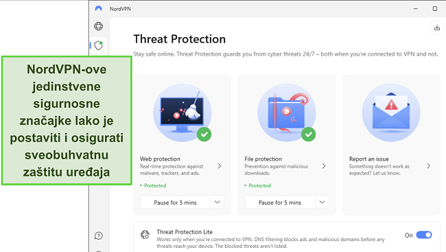 Snimka zaslona NordVPN-ove Windows aplikacije koja prikazuje uključenu značajku zaštite od prijetnji.