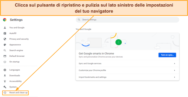 Screenshot che mostra come accedere al menu Reimposta e pulisci su Google Chrome