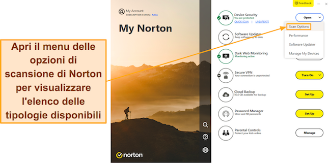 Screenshot che mostra come accedere alle scansioni disponibili di Norton