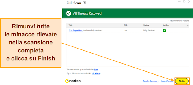 Screenshot che mostra come terminare la scansione completa di Norton