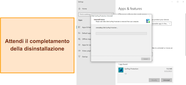 Screenshot che mostra la disinstallazione di un'app sospetta in corso