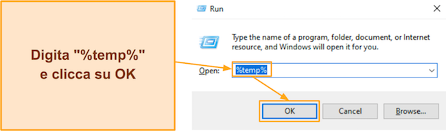 Screenshot che mostra come aprire la cartella dei file temporanei utilizzando la finestra di comando Esegui