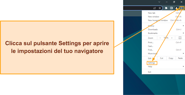 Screenshot che mostra come accedere alle impostazioni del browser su Google Chrome