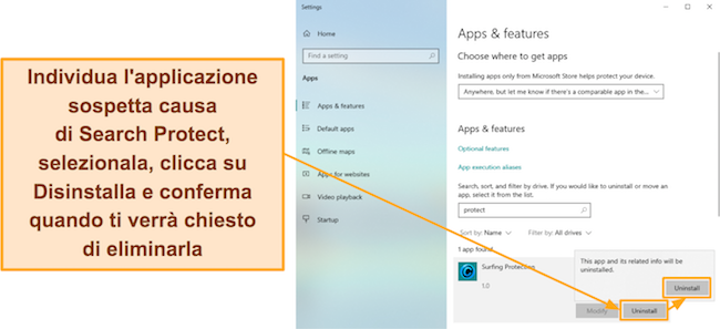 Screenshot che mostra come trovare e disinstallare un'app sospetta