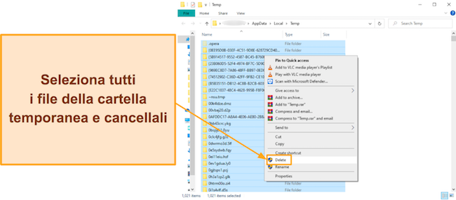 Screenshot che mostra come eliminare tutti i file dalla cartella dei file temporanei