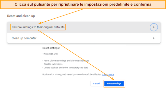 Screenshot che mostra come ripristinare le impostazioni del browser ai valori predefiniti originali su Google Chrome