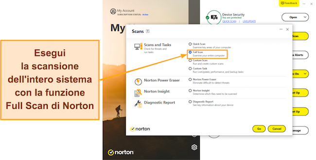 Screenshot che mostra come avviare una scansione completa utilizzando Norton