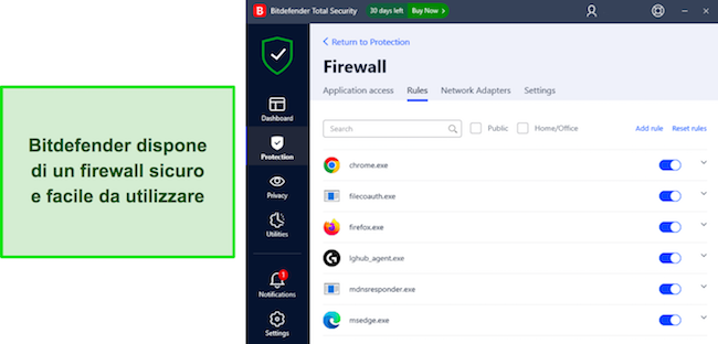 Configurazione del firewall di Bitdefender