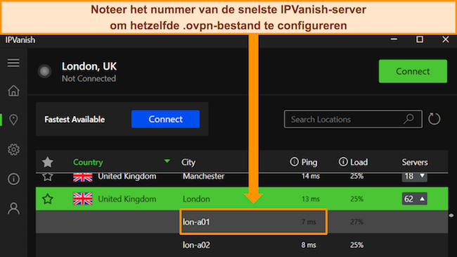 De Windows-app van IPVanish toont de servernaam en ping in ms.