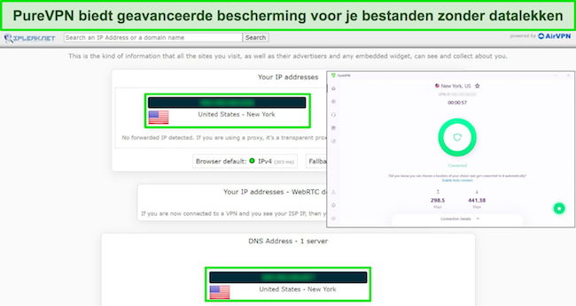 PureVPN verbonden met een Amerikaanse server met de resultaten van een lektest die nul datalekken aantoont.