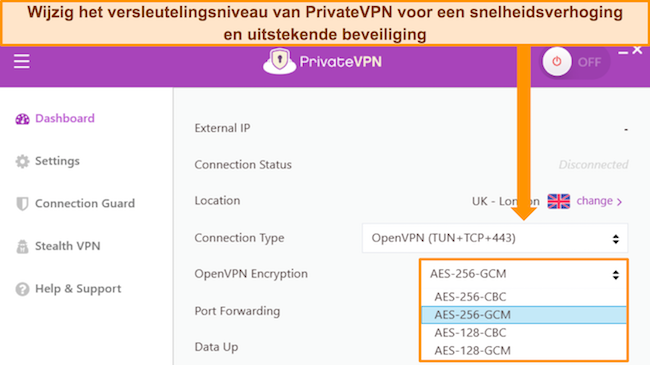 Het Windows-app-dashboard van PrivateVPN toont de aanpassingsopties voor OpenVPN-codering.