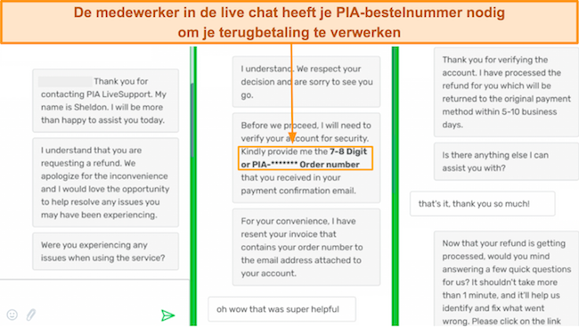 Screenshot van de live chat-agent van PIA die een restitutieverzoek verwerkt