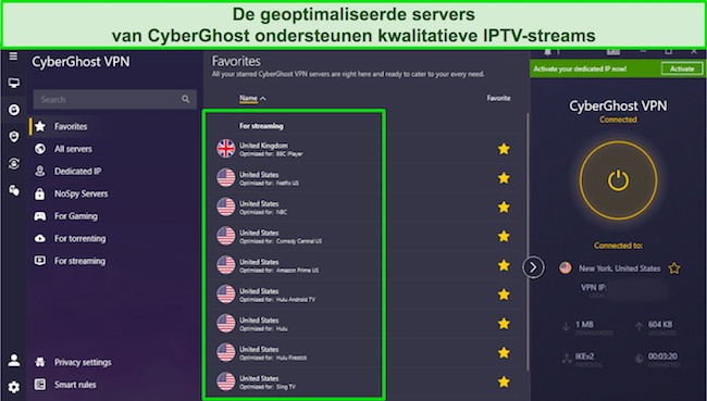 Een screenshot van de geoptimaliseerde streamingdiensten van CyberGhost voor IPTV-diensten in de VS en het VK