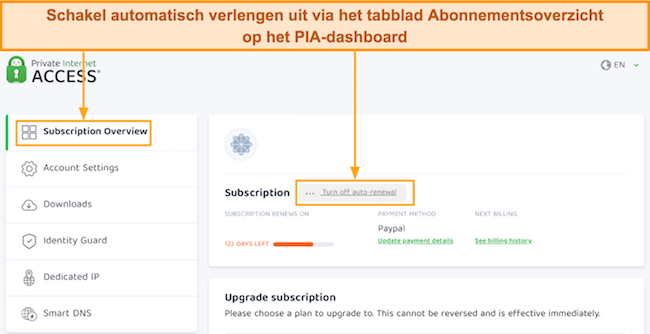 Screenshot van het annuleren van automatische verlenging op het klantendashboard van PIA