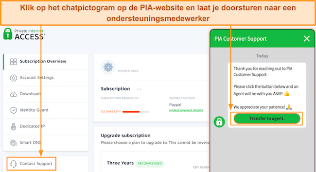 Screenshot van hoe u contact kunt opnemen met de klantenondersteuning via livechat