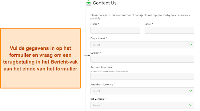 Screenshot van het contactformulier van PIA en hoe u dit moet invullen