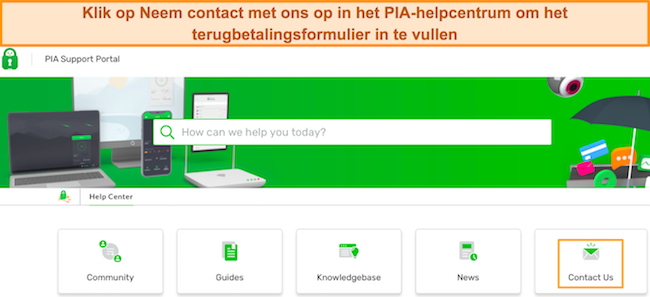 Screenshot van het invullen van het contactformulier voor terugbetalingsverzoeken vanuit het klantendashboard van PIA