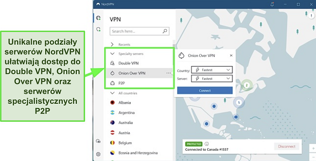 Zrzut ekranu z ekranu wyboru serwera NordVPN