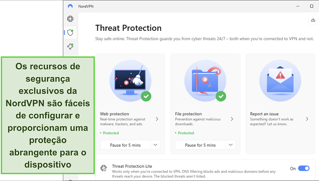 Captura de tela do aplicativo NordVPN para Windows, mostrando o recurso de Proteção contra Ameaças ativado.