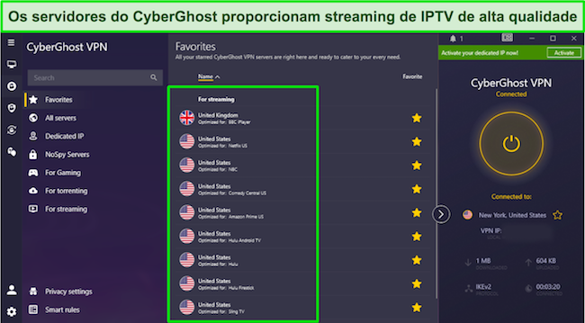 Uma captura de tela dos serviços de streaming otimizados do CyberGhost para serviços de IPTV nos EUA e no Reino Unido