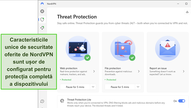 Captură de ecran a aplicației Windows a NordVPN, arătând că funcția de Protecție împotriva Amenințărilor este activată.