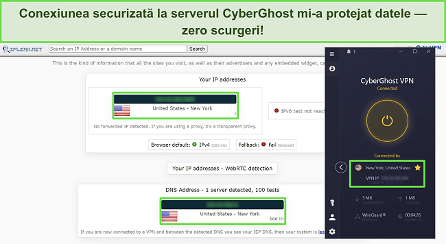 Screenshot of a CyberGhost VPN review page emphasizing a security leak test, with results showing no detected leaks.